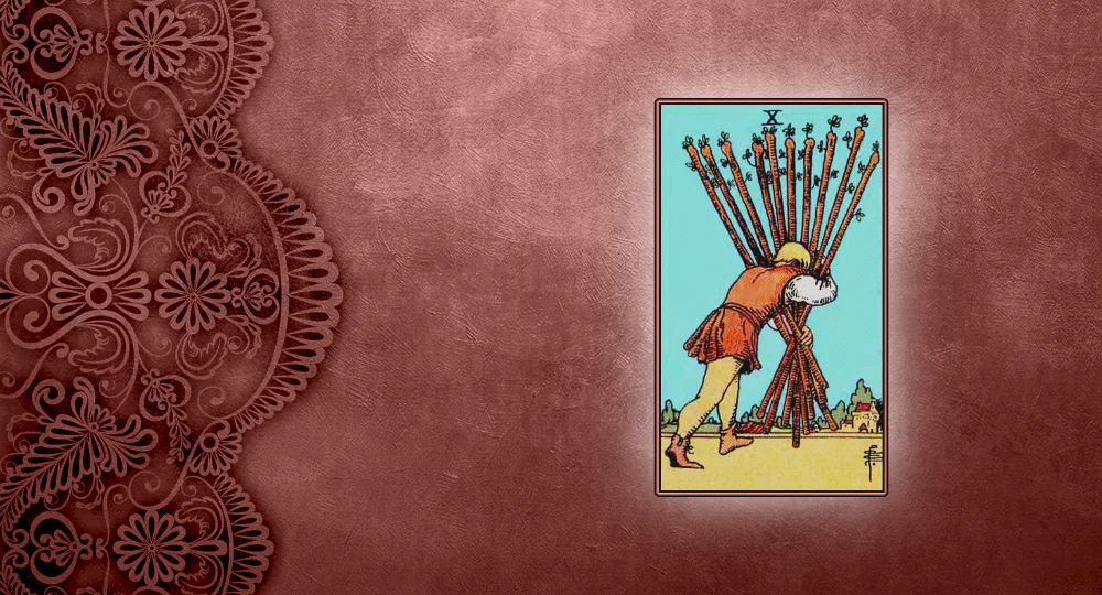 <p>The 10 of Wands shows the same tired warrior who stood their ground in the Nine of Wands. This time, they are falling down beneath the weight of their own armor.</p>