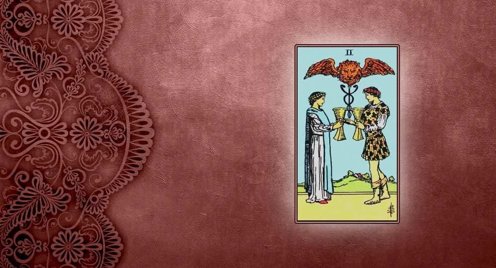 <p>It feels pleasant to glance at the 2 of Cups. After all the passion and ambition of the Wands suit, going into the Cups is like finally being able to relax after a long, hard day.</p>